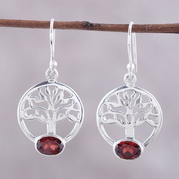 Alternate image for Tree-Shaped Garnet and Silver Dangle Earrings from India Corona Trees
