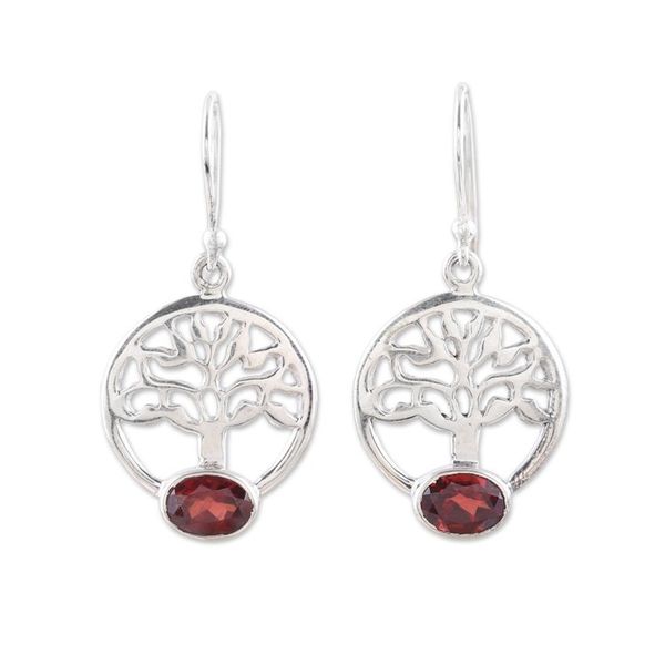 Alternate image for Tree-Shaped Garnet and Silver Dangle Earrings from India Corona Trees