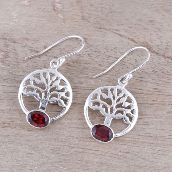 Alternate image for Tree-Shaped Garnet and Silver Dangle Earrings from India Corona Trees