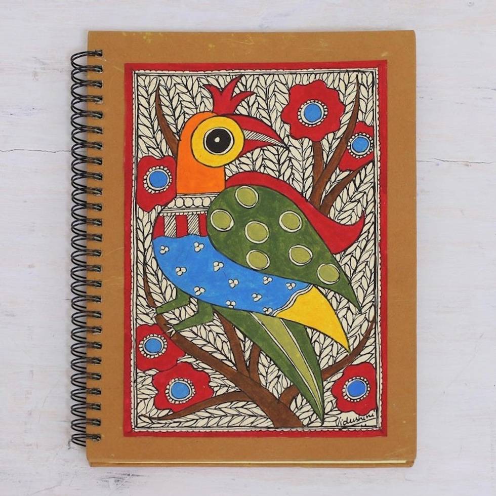Madhubani Style Blank Handmade Paper Journal 'Peacock Majesty'