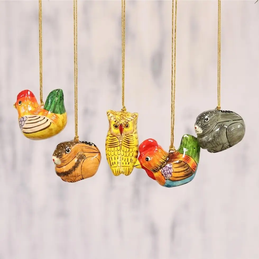 Five Animal-Themed Papier Mache Ornaments from India 'Animal Harmony'