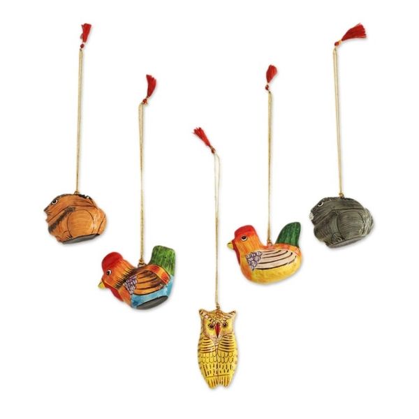 Alternate image for Five Animal-Themed Papier Mache Ornaments from India Animal Harmony