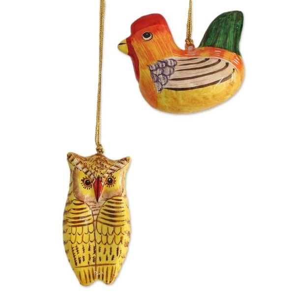 Alternate image for Five Animal-Themed Papier Mache Ornaments from India Animal Harmony