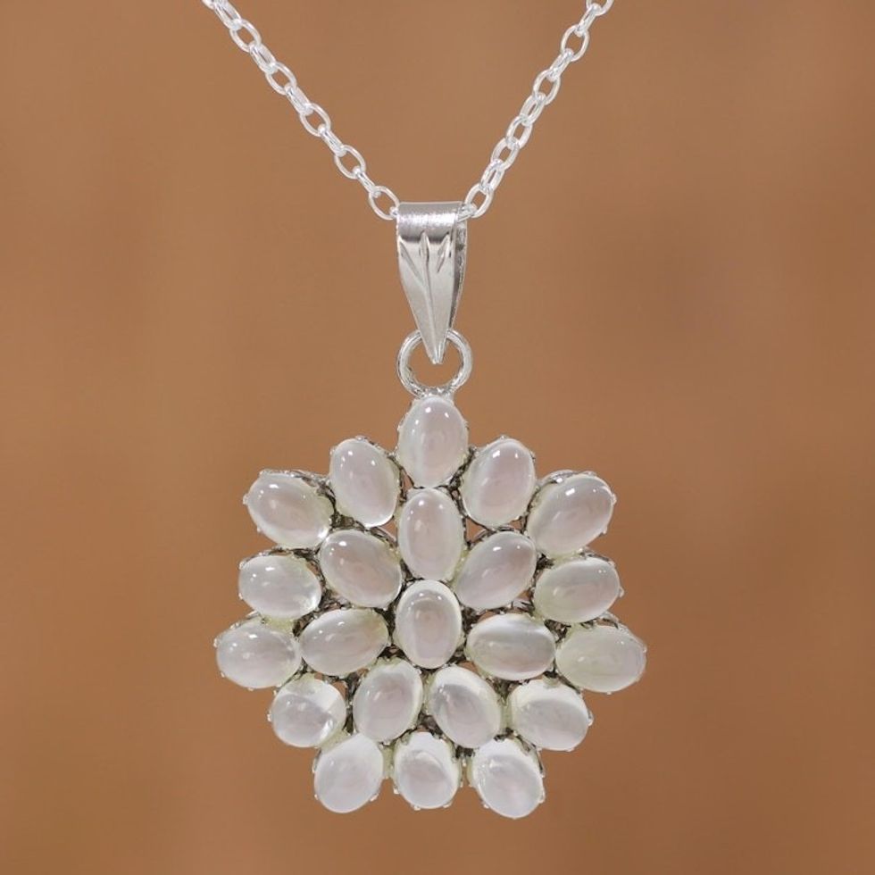 Rhodium Plated Moonstone Floral Pendant Necklace from India 'Moonlight Brilliance'