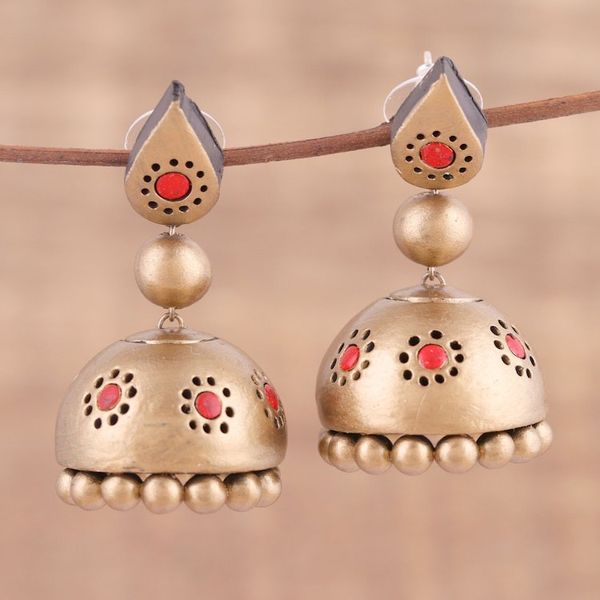 Alternate image for Handmade Gold-Tone Ceramic Dangle Earrings from India Charming Gold