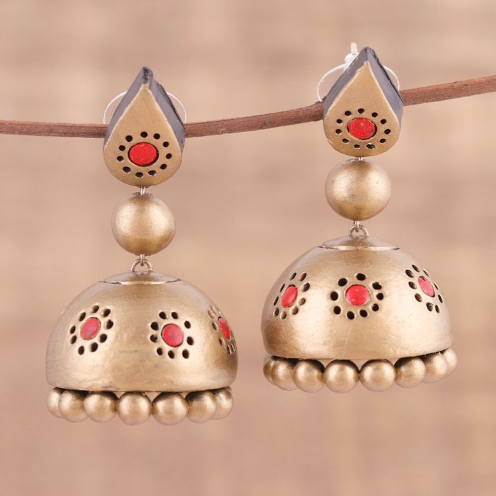 Handmade Gold-Tone Ceramic Dangle Earrings from India 'Charming Gold'