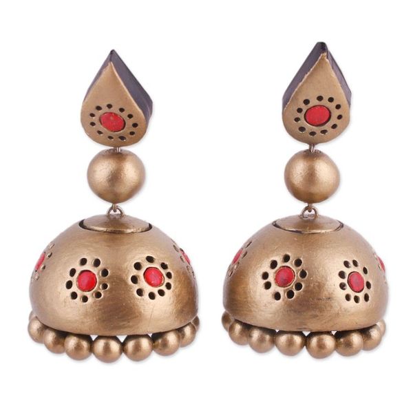 Alternate image for Handmade Gold-Tone Ceramic Dangle Earrings from India Charming Gold