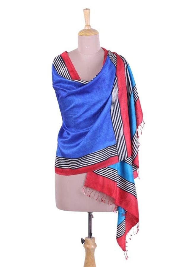 Alternate image for Block Printed Fringed Silk Shawl in Royal Blue from India Royal Blue Fascination