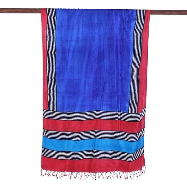 Alternate image for Block Printed Fringed Silk Shawl in Royal Blue from India Royal Blue Fascination