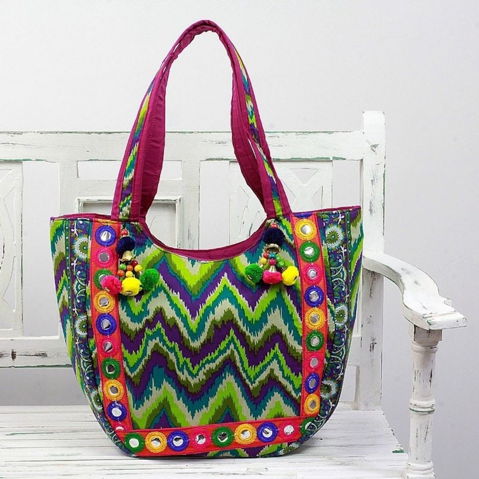 Tote Handbag with Green Zigzag Motifs from India 'Sonic Green'