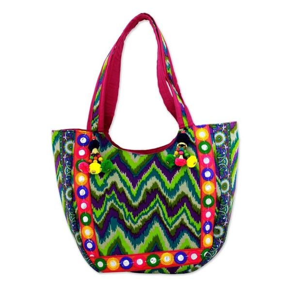 Alternate image for Tote Handbag with Green Zigzag Motifs from India Sonic Green