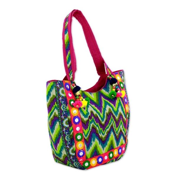 Alternate image for Tote Handbag with Green Zigzag Motifs from India Sonic Green