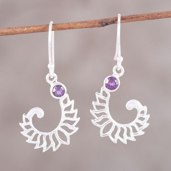 Alternate image for Amethyst Sterling Silver Unfurling Fronds Dangle Earrings Violet Frond