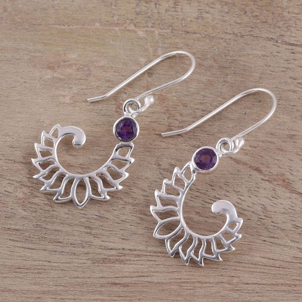 Alternate image for Amethyst Sterling Silver Unfurling Fronds Dangle Earrings Violet Frond