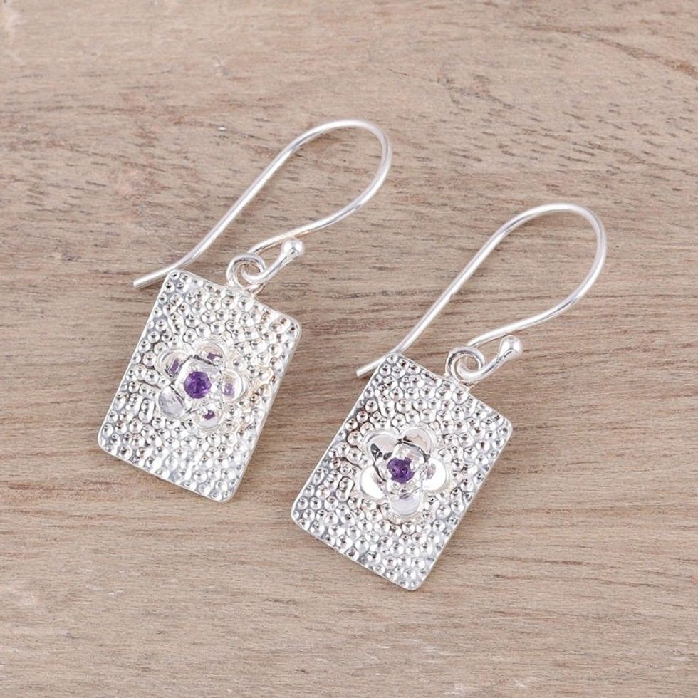 Rectangular Floral Amethyst Dangle Earrings from India 'Floral Pictures'