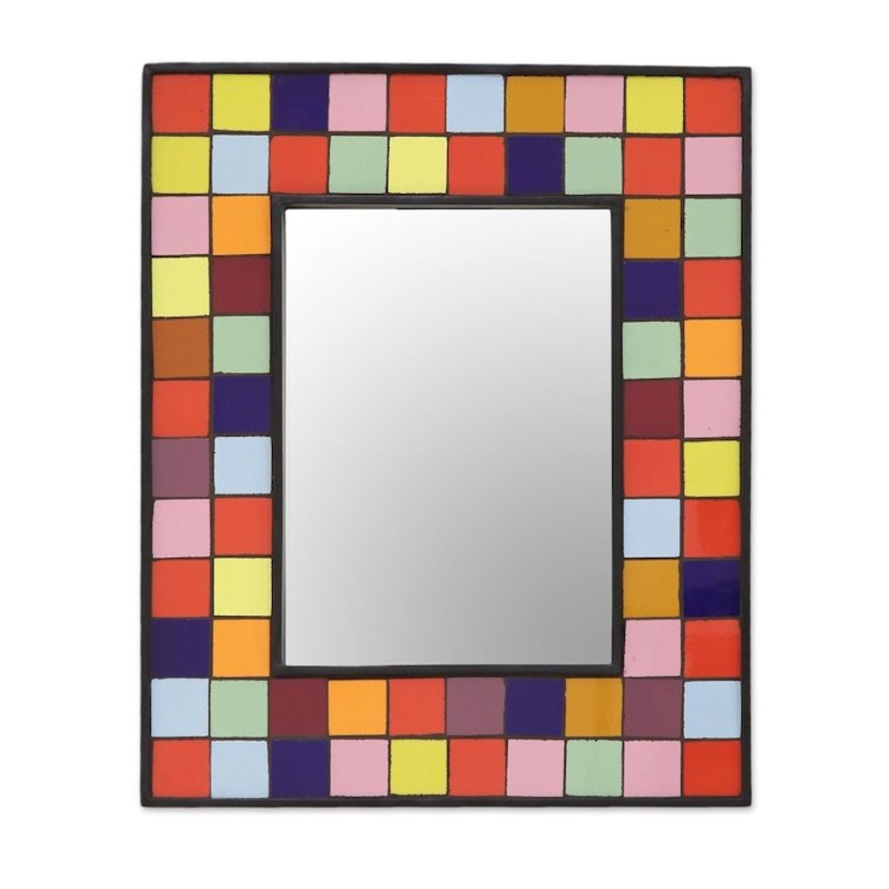 Multi-Colored Square Tiles Ceramic Mango Wood Wall Mirror 'Vibrant Quadrangles'