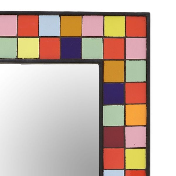 Alternate image for Multi-Colored Square Tiles Ceramic Mango Wood Wall Mirror Vibrant Quadrangles