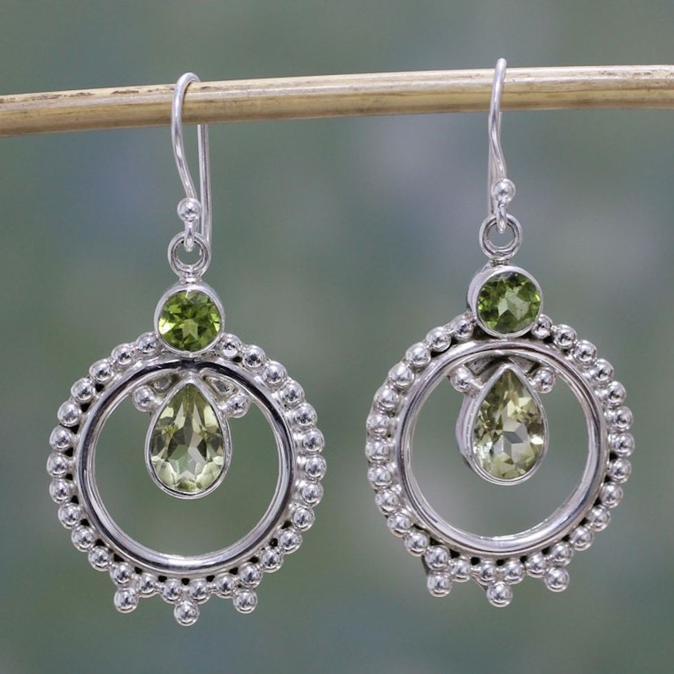 Hand Crafted Peridot and Quartz Dangle Earrings from India 'Regal Circles'