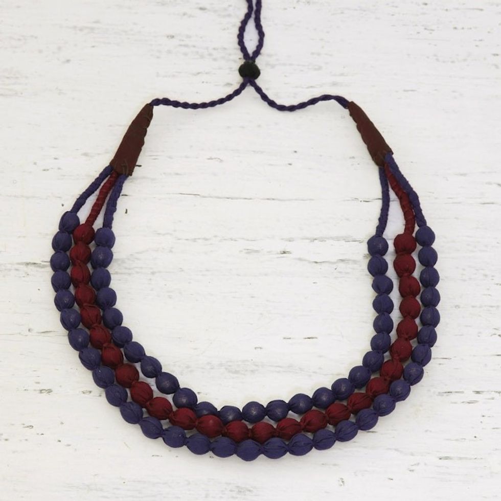 Indian Multi-strand Fabric Wrapped Beaded Necklace in Purple 'Purple Flair'