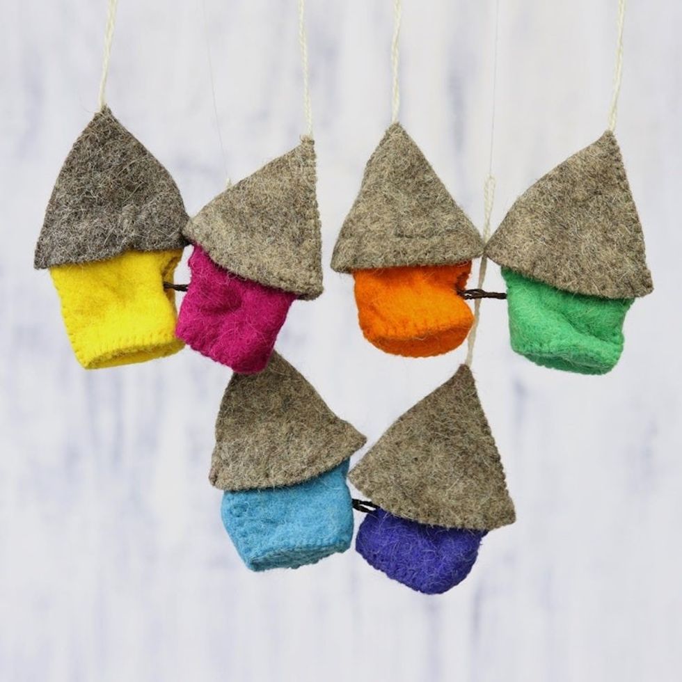 Set of Six Assorted Wool House Ornaments from India 'Snow Abodes'