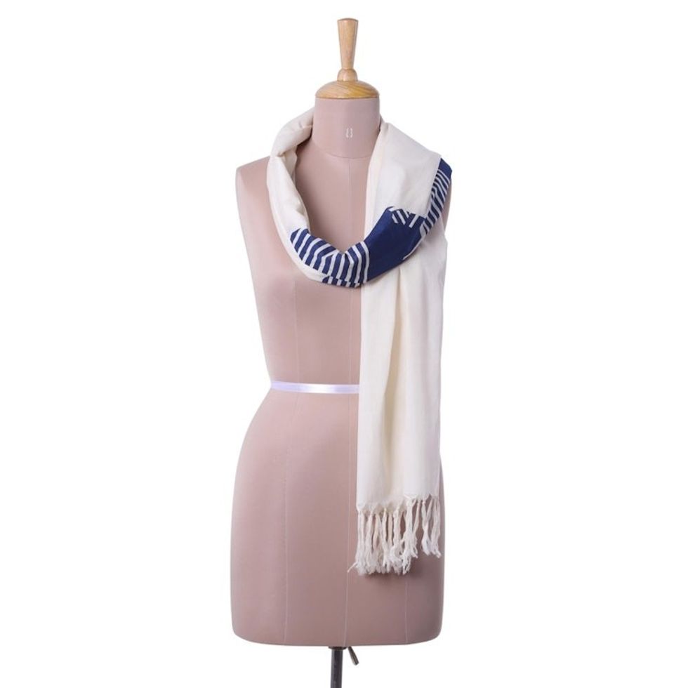 100 Cotton Alabaster and Navy Wrap Scarf from India 'Alabaster Whisper'
