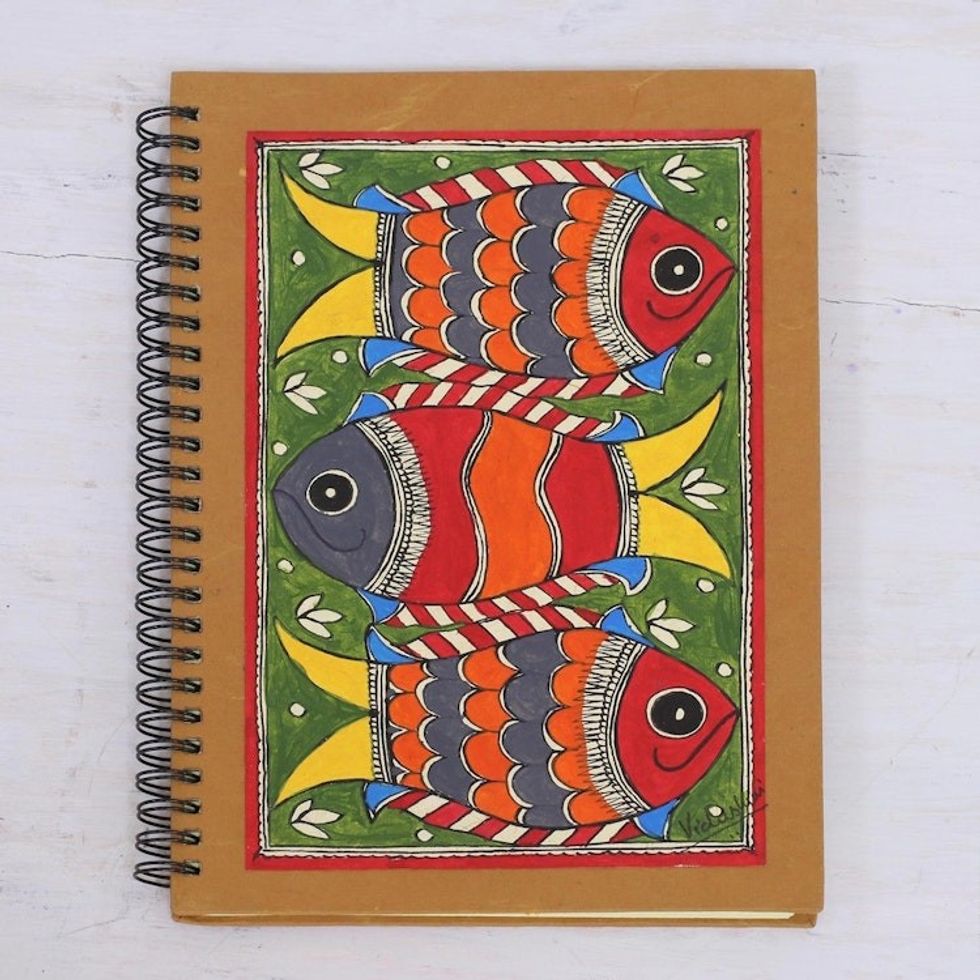 Madhubani Blank 40 Page Journal with Handmade paper 'Joyful Fishes'