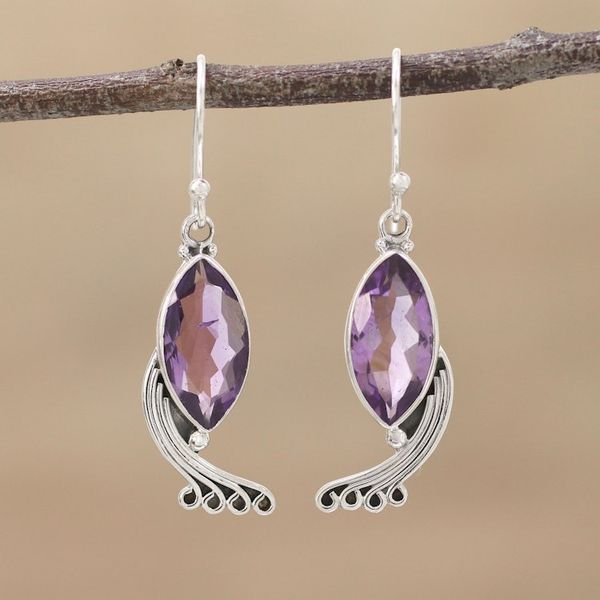 Alternate image for Indian Amethyst and Sterling Silver Peacock Dangle Earrings Peacock Grandeur