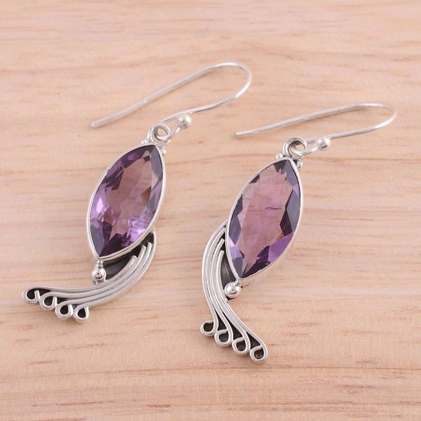 Alternate image for Indian Amethyst and Sterling Silver Peacock Dangle Earrings Peacock Grandeur