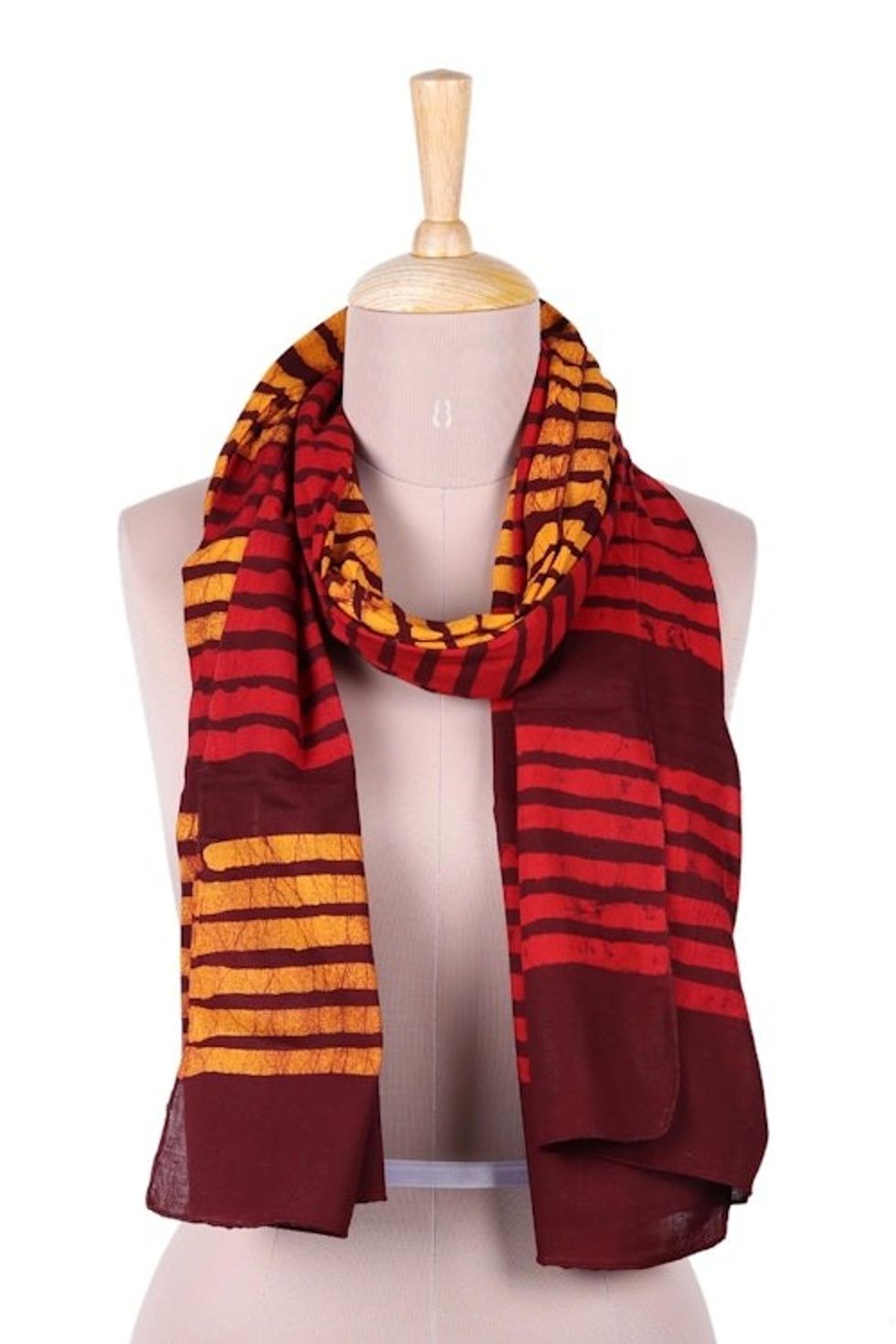Red and Orange Striped Crackle Batik 100 Cotton Scarf 'Maroon Queen'
