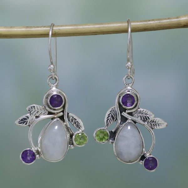 Alternate image for Rainbow Moonstone, Amethyst and Peridot Earrings from India Luminous Beauty
