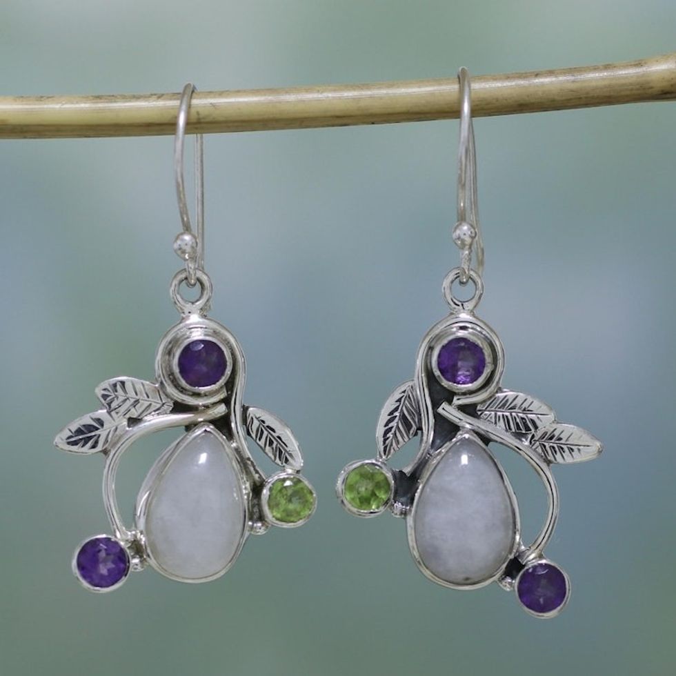 Rainbow Moonstone, Amethyst and Peridot Earrings from India 'Luminous Beauty'