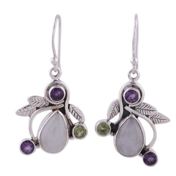 Alternate image for Rainbow Moonstone, Amethyst and Peridot Earrings from India Luminous Beauty