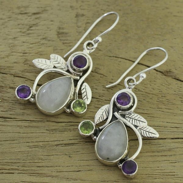 Alternate image for Rainbow Moonstone, Amethyst and Peridot Earrings from India Luminous Beauty