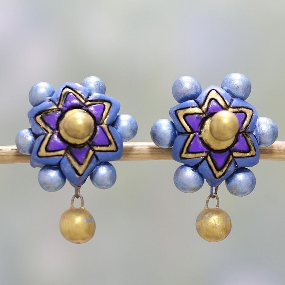 Purple and Blue Floral Ceramic Dangle Earrings from India 'Heavenly Flowers'
