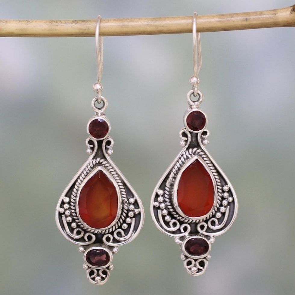 Carnelian Garnet and Sterling Silver Indian Dangle Earrings 'Fiery Glow'