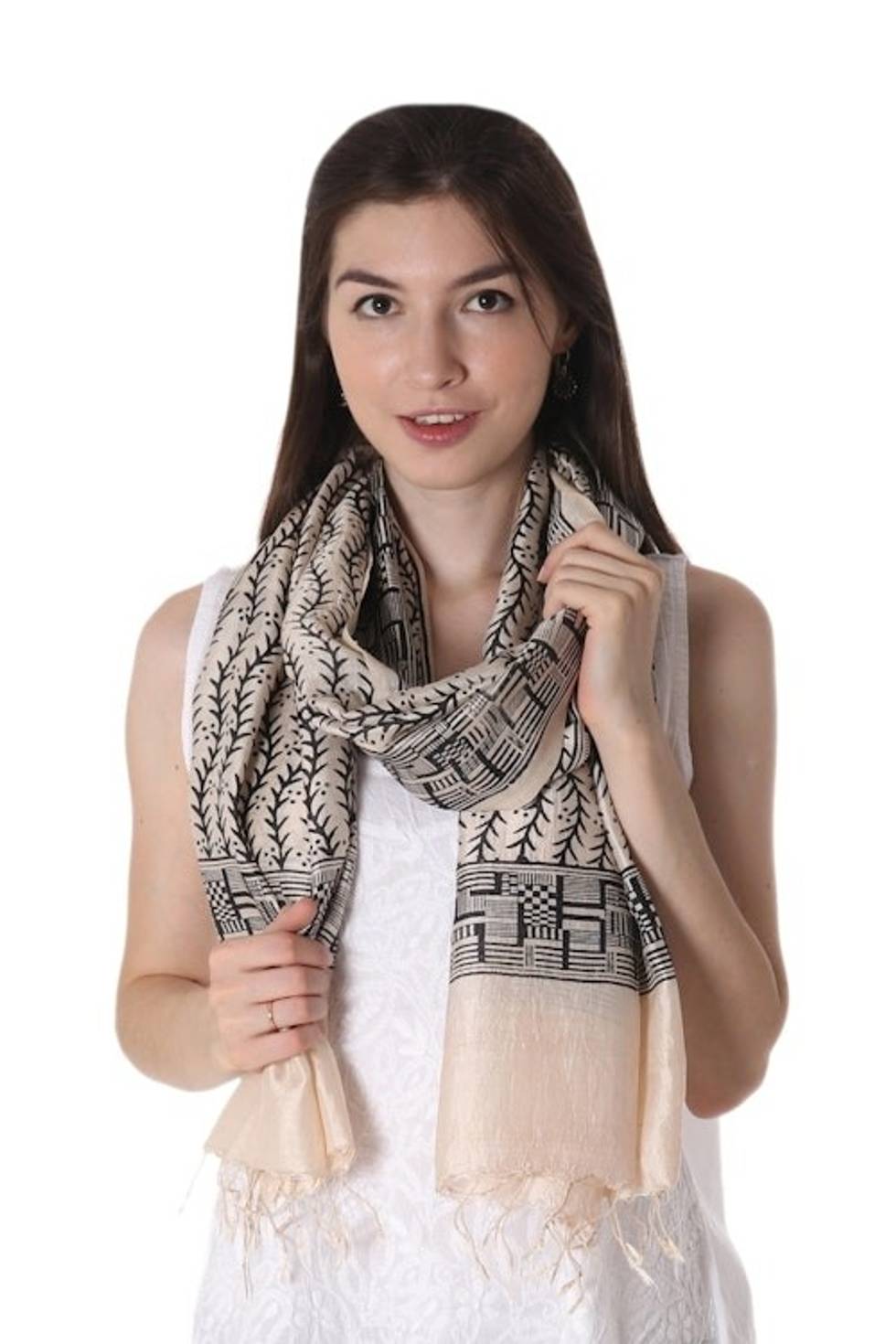 Black and Ecru Hand Stamped Block Print Silk Shawl 'Climbing Vines'