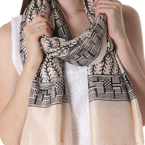 Alternate image for Black and Ecru Hand Stamped Block Print Silk Shawl Climbing Vines