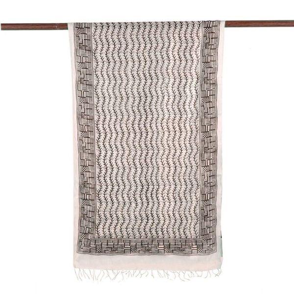 Alternate image for Black and Ecru Hand Stamped Block Print Silk Shawl Climbing Vines