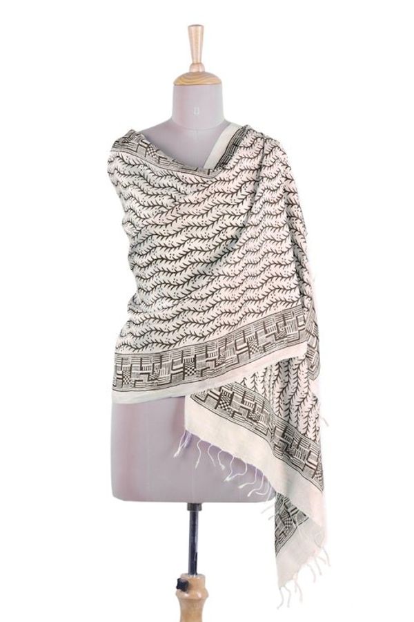 Alternate image for Black and Ecru Hand Stamped Block Print Silk Shawl Climbing Vines