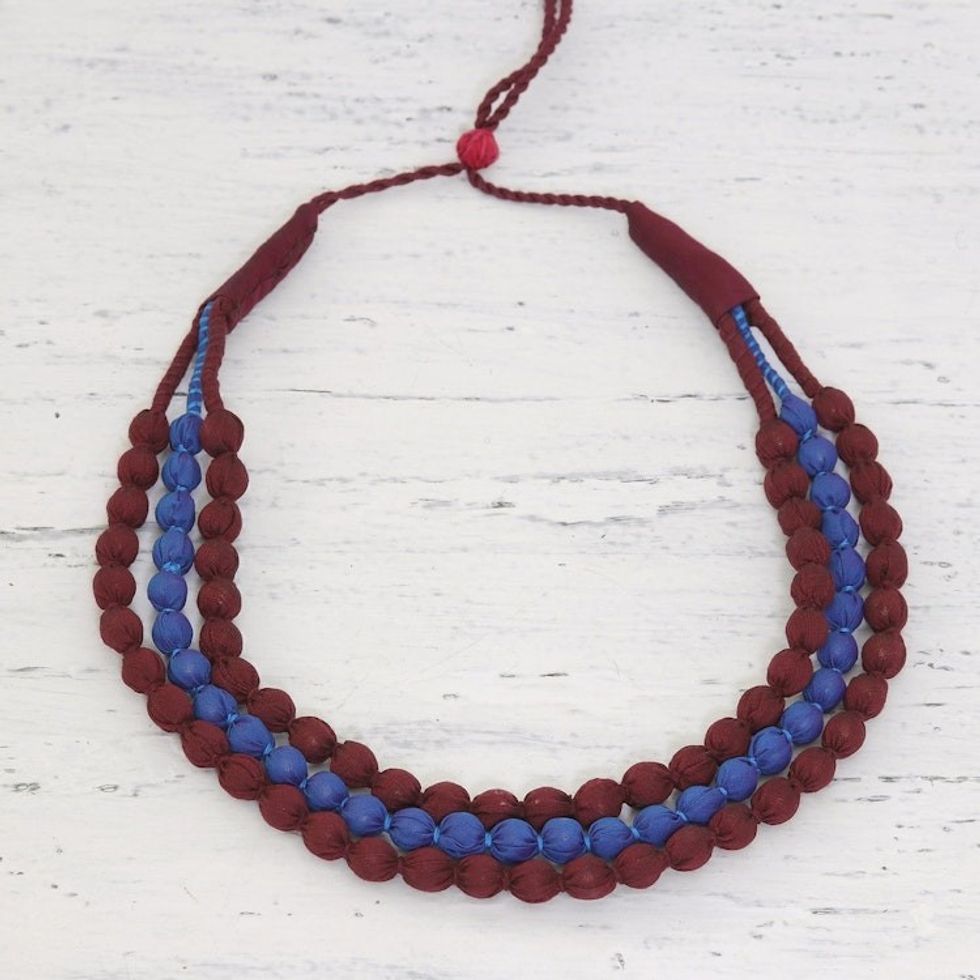 Indian Three Strand Fabric Wrapped Beaded Necklace 'Kolkata Glamour'