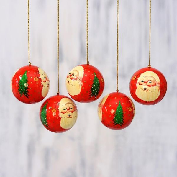 Alternate image for Five Handcrafted Santa Claus Papier Mache Ornaments Laughing Santa Claus