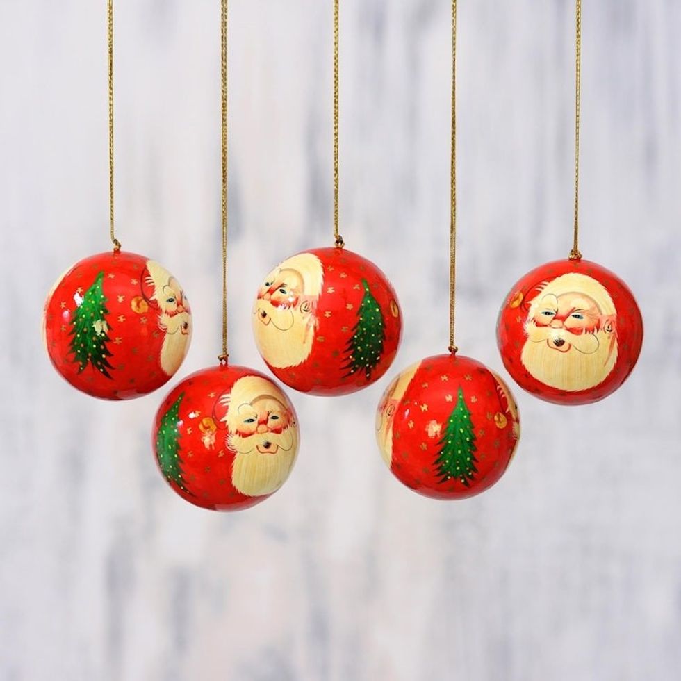 Five Handcrafted Santa Claus Papier Mache Ornaments 'Laughing Santa Claus'
