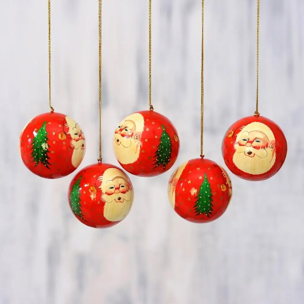 Five Handcrafted Santa Claus Papier Mache Ornaments 'Laughing Santa Claus'