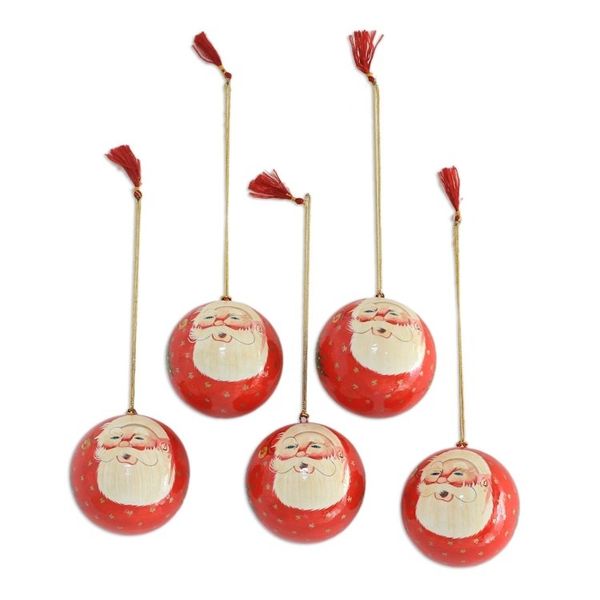 Alternate image for Five Handcrafted Santa Claus Papier Mache Ornaments Laughing Santa Claus