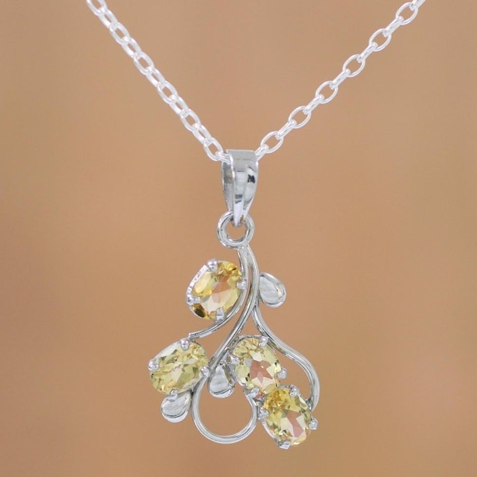 Rhodium Plated Sterling Silver Pendant Necklace with Citrine 'Golden Cluster'