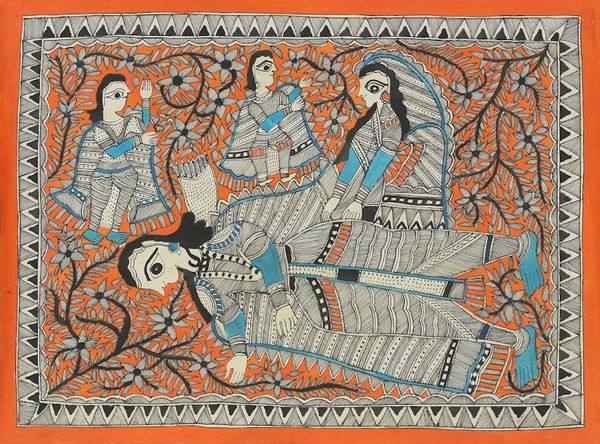Alternate image for Ramayana Theme Signed India Madhubani Folk Art Painting The Resting Place
