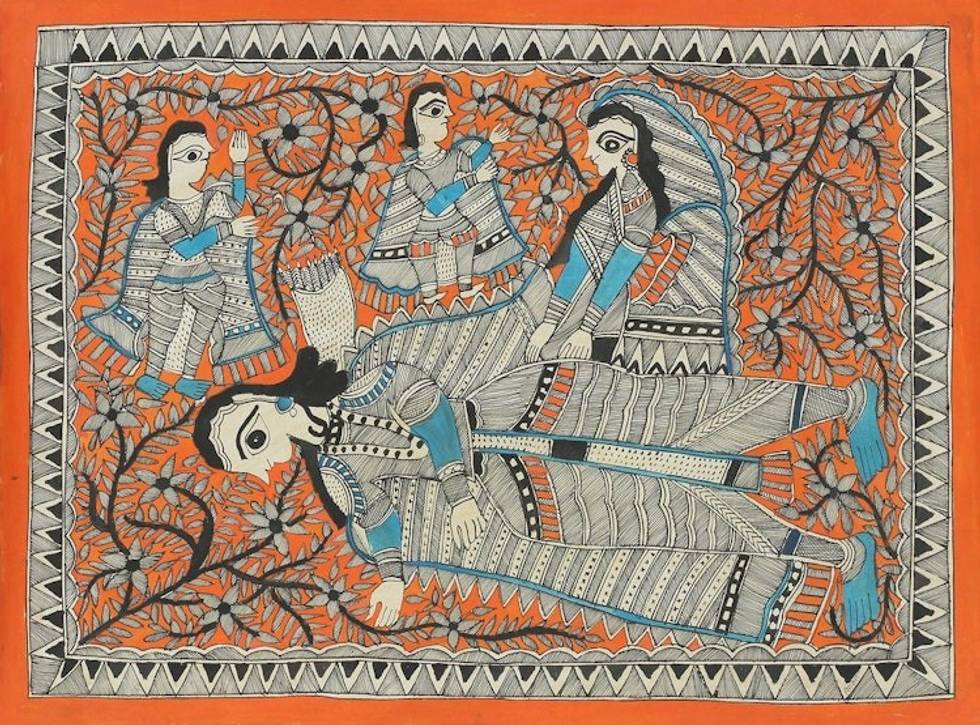 Ramayana Theme Signed India Madhubani Folk Art Painting 'The Resting Place'