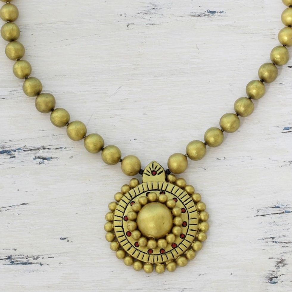 Gold Tone Ceramic Pendant Necklace by Indian Artisans 'Golden Royalty'