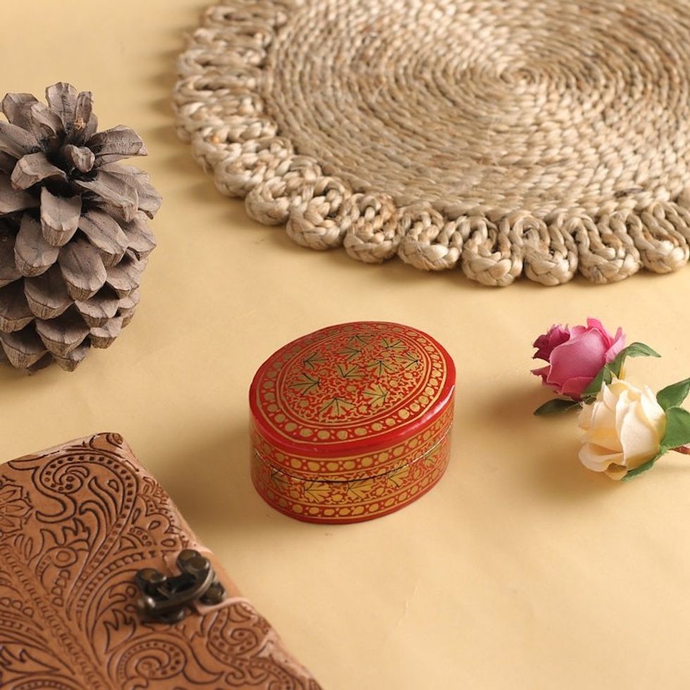 Gold and Red Papier Mache Decorative Box from India 'Serene Vermilion'