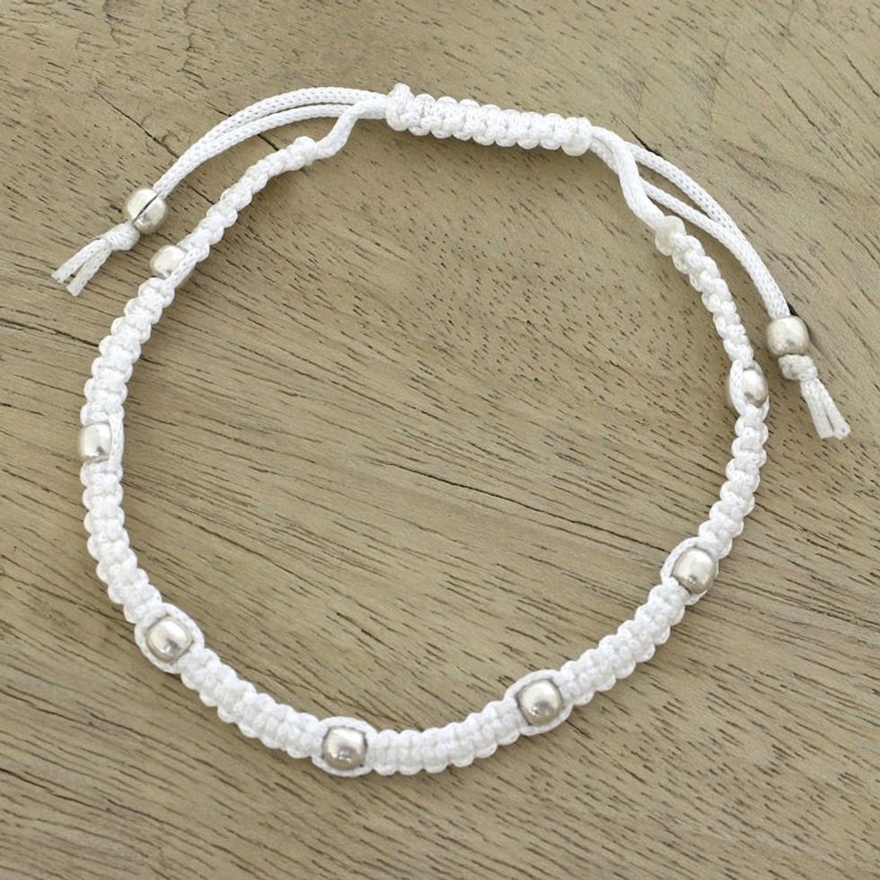 Sterling Silver Beaded Bracelet in Snow White from India 'Peaceful Song in Snow White'